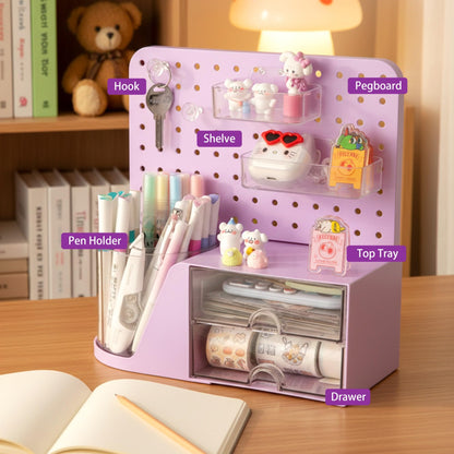 Comix Desk Organizer with Drawer, 360° Rotating Pen Holder for Desk, Pen Organizer with 5 Slots Pencil Holder+Pegboard+2 Drawer for Office Home Art Supplies (Purple)