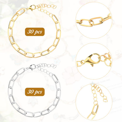 Quelay 60 Pcs Chain Bracelet Bulk Alloy Link with Lobster Clasps for Women DIY Jewelry Findings Bracelet Jewelry Making Supplies Accessories (Gold and Silver)