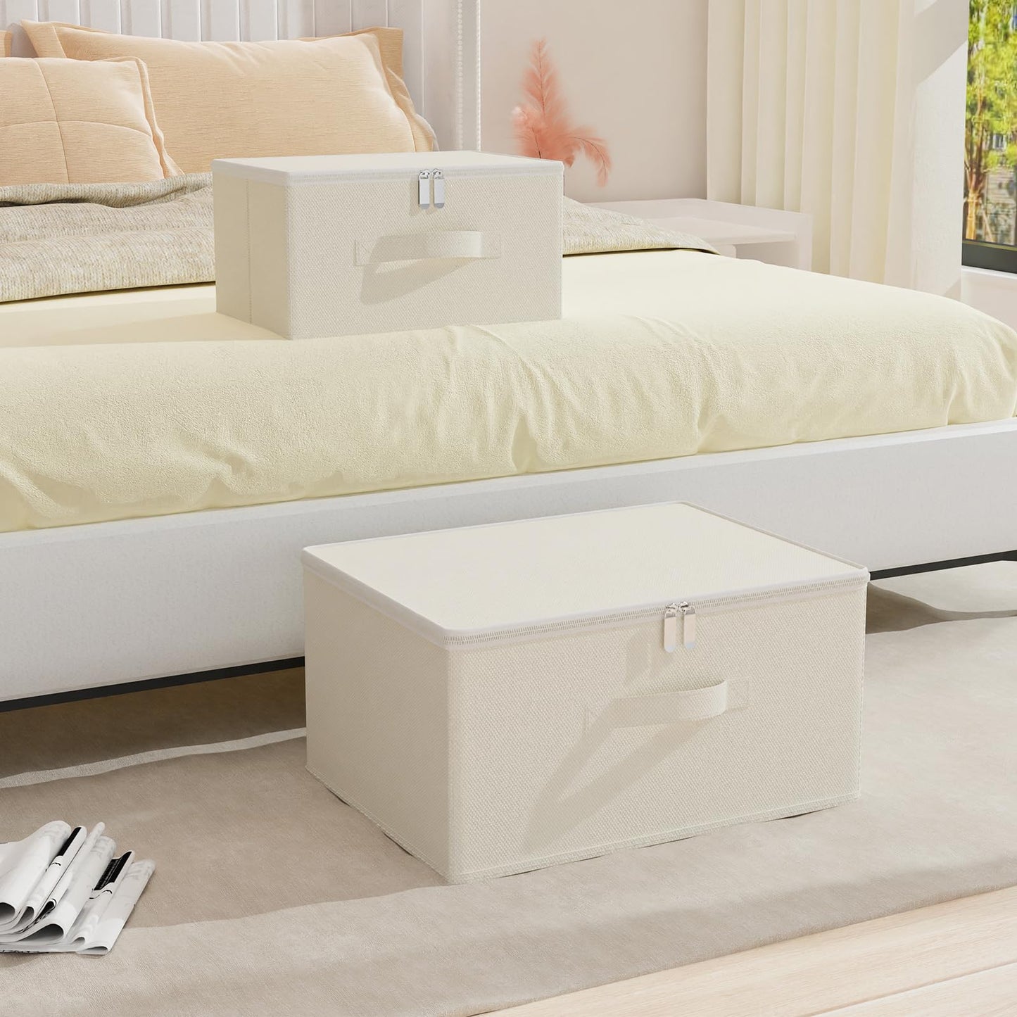 GUOHNHE Storage Bins with Zipper, Cube Organizer Basket with Lid, Collapsible Stackable Closet Boxes, for Home and Bedroom, 1 Pack, Beige, 11.8 x 7.9 x 6.3 In, XSNY16BES-1