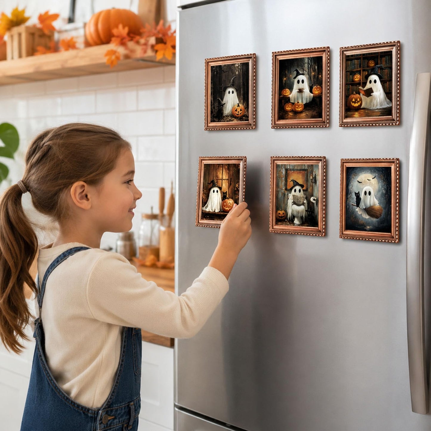 Whaline 6 Pcs Halloween Refrigerator Magnets Cute Ghost Black Cat Pumpkin Mini 3D Art Frame Magnets Spooky Fridge Magnetic Stickers Decal for Party Kitchen Home Cruise Door Locker Decor