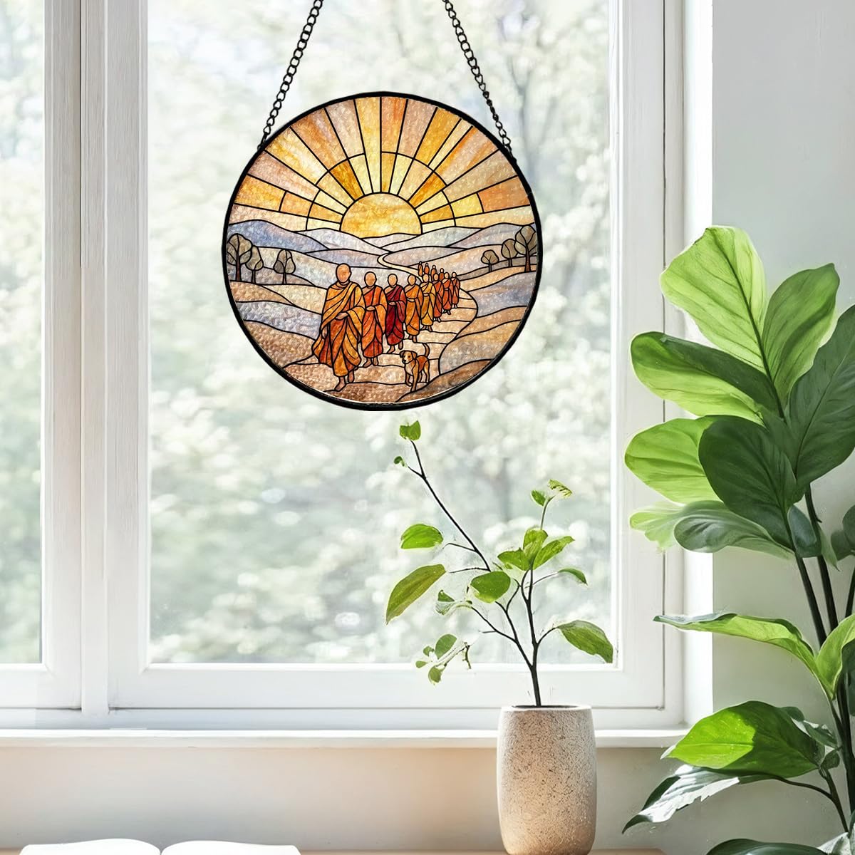 Stained Glass Window Hanging, Walk for Peace Monks with Aloka in Faux Stained Glass Landscape Panel Sun Catchers Decor for Birthday for Women, Men, Wife, Aunt, and Mom 7.87 in