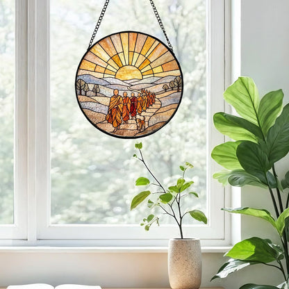 Stained Glass Window Hanging, Walk for Peace Monks with Aloka in Faux Stained Glass Landscape Panel Sun Catchers Decor for Birthday for Women, Men, Wife, Aunt, and Mom 7.87 in
