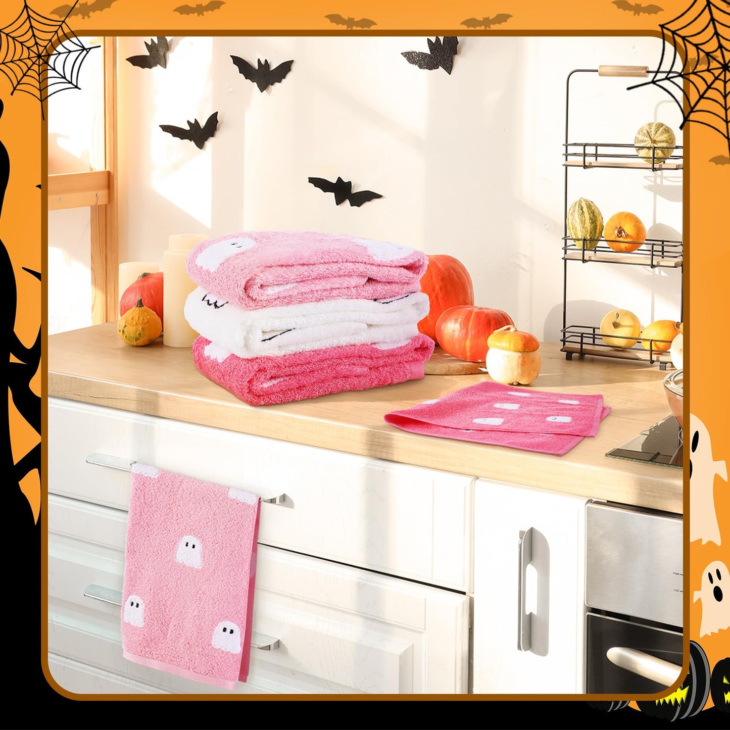 Oudain 3 Pcs Pink Ghost Hand Towels for Bathroom 100% Cotton Pink Halloween Embroidered Decorative Towels Cute Kitchen Gifts for Halloween Bath Shower Decors Housewarming 13.7 x 29.5 Inch