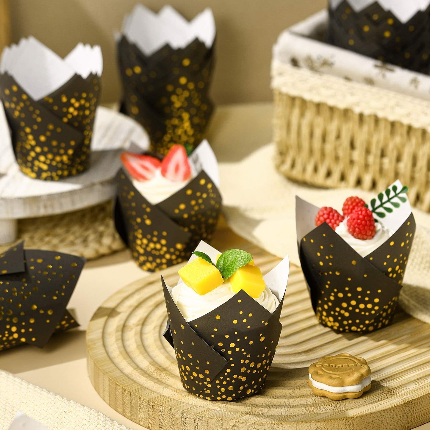 Gerrii 200 Pcs Black Gold Dot Tulip Cupcake Liners Graduation Mini Paper Baking Cups Cupcake Wrappers Muffin Liners for Wedding Tea Party Bridal Baby Shower Decoration