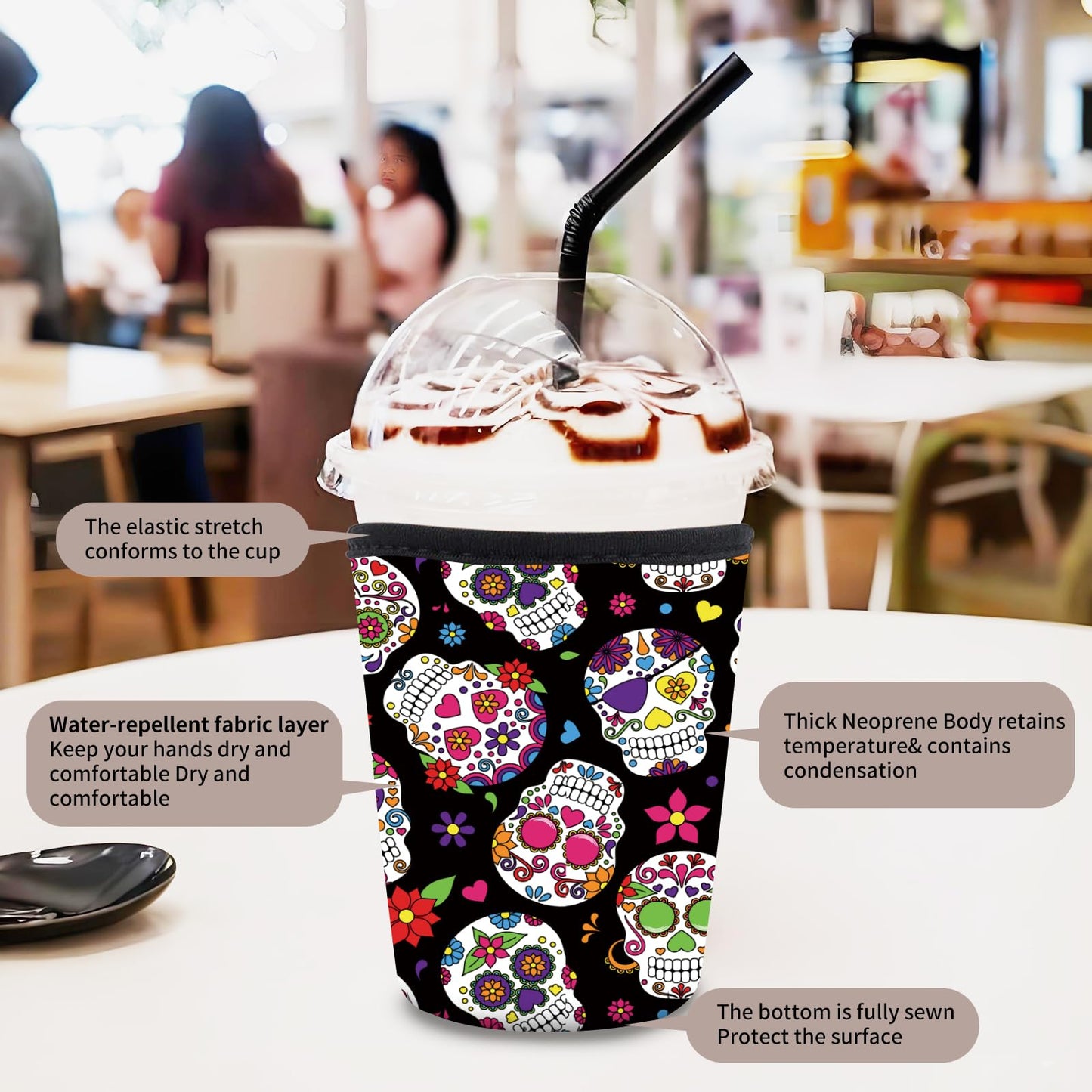 AUEKLLW 3 Pack Reusable Neoprene Insulator Sleeve for Iced Coffee Cups, Funny Coffee Cup Sleeves for 16-32oz Coffee cups, Cute Drink Sleeve for Cold Hot Beverages Cute Floral Skull