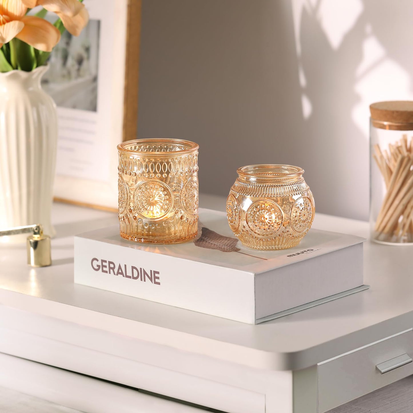 DARJEN Gold Votive Candle Holders- 10Pcs Glass Tealight Candle Holder, Size Upgrade Design for Home Decor, Elegant Candle Holder for Party & Dinner Table Centerpieces, Living Room Decor Gifts