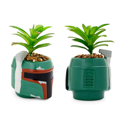 Star Wars Boba Fett Helmet 3-Inch Ceramic Planter with Artificial Succulent | Small Flower Pot, Faux Indoor Plant for Desk Shelf, Trinket Tray | Cute Home Decor Gifts and Collectibles