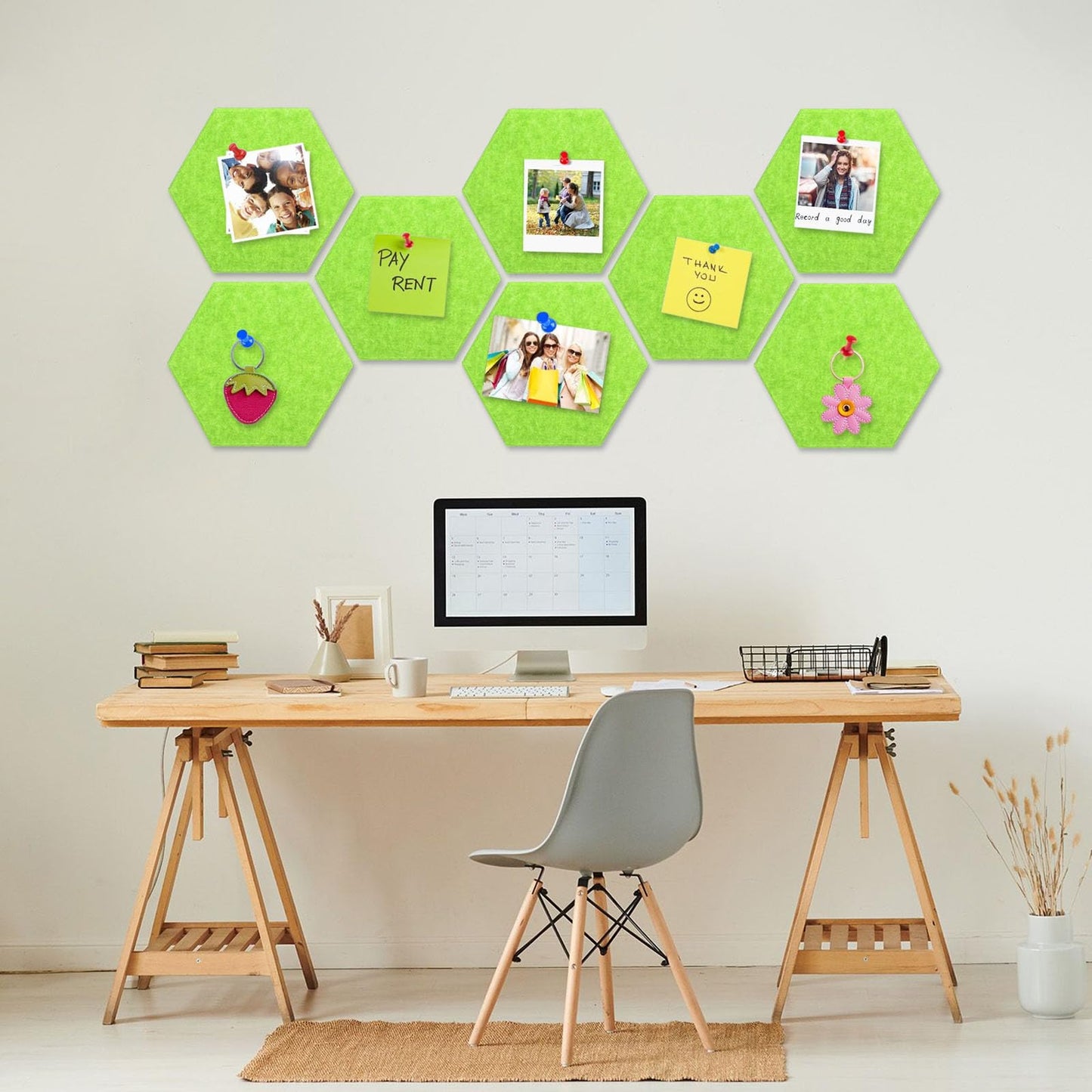 8 Packs Fluorescent Green Hexagon Felt Pin Board, 12" Bulletin Board with 30 Push Pins, Felt Board for Home Kitchen Office Decor, Self-Adhesive Corkboard Tiles for Walls Message Photos Memos Display