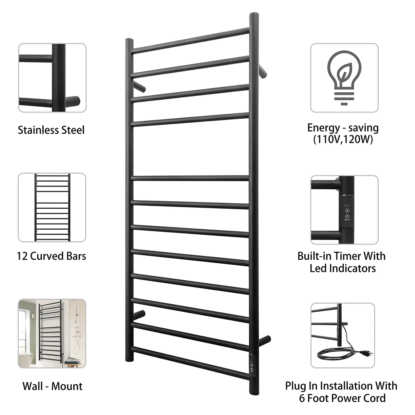 KEG Towel Warmer 8 Bars for Bathroom Freestanding or Wall Mounted Bath Towel Heater Plug-in with Built-in Timer Silver