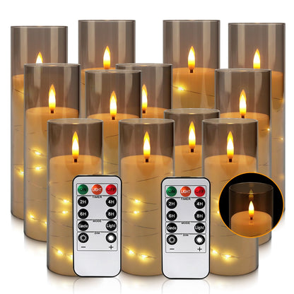 YOROXRG Flickering Flameless Candles Battery Operated with Remote,Led Pillar Candles with Realistic Moving Wick Candles for Halloween,Christmas,Home Decor Pack of 12 (D2.2 xH 5" 6" 7")(Grey)
