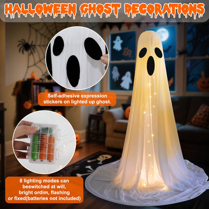 2PCS Halloween Ghosts Decorations Outdoor/Indoor, Large Adjustable Height Lighted White Cloth Ghosts with Adjustable String Lights Battery Operated Halloween Party Home Porch Yard Decorations