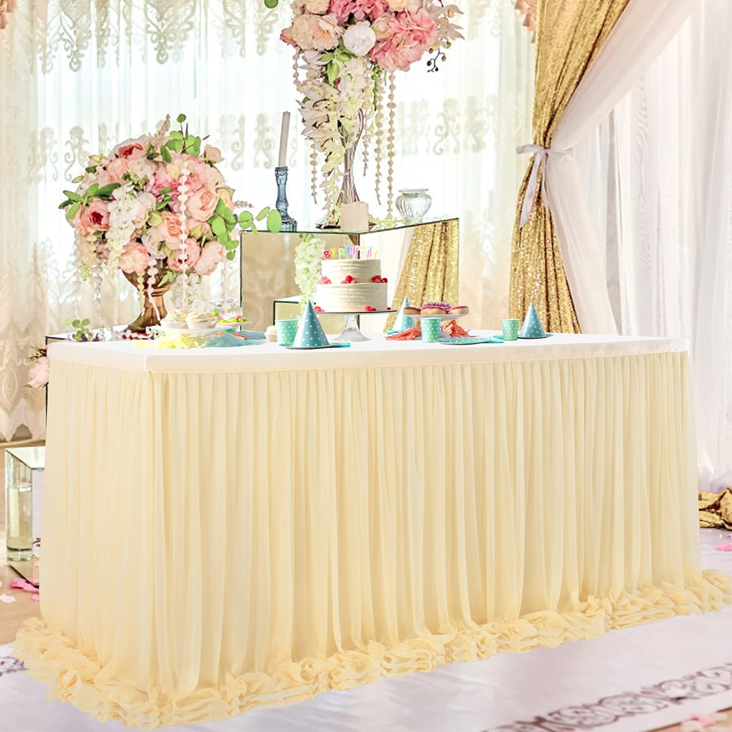6ft Champagne Table Skirt for Rectangle Tables or Round Tables Champagne Tutu Tulle Table Skirt Cloth for Wedding Baby Shower Birthday Party Dessert Buffet Banquet Decorations