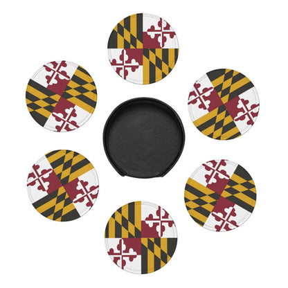 6 Pack Maryland State Flag Leather Coaster with Holder for Drinks- Heat Resistant Non-Slip National Flag Funny Coasters for Wooden Table Coffee Bar Kitchen Decor Housewarming, Set of 6
