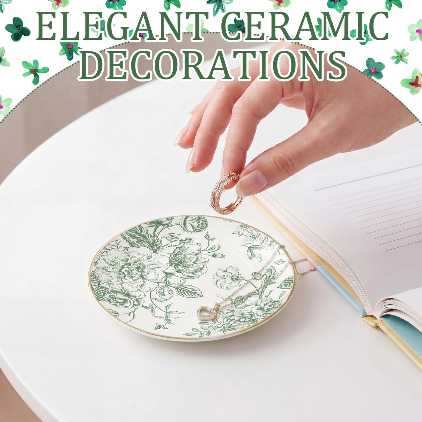 Mifoci Floral Ceramic Jewelry Tray Ring Holder Trinket Dish for Rings Earrings Necklaces Tray Gift for Women Girls(Green)
