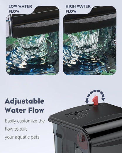 Pawfly 5 W Aquarium Filter, 10 Gallon Fish Tank Filter, 90 GPH Hang On Back Aquarium Filter with Water Wheel Adjustable Water Pump & Oil Skimmer, Ultra Quiet HOB Filter for Tank Filtration