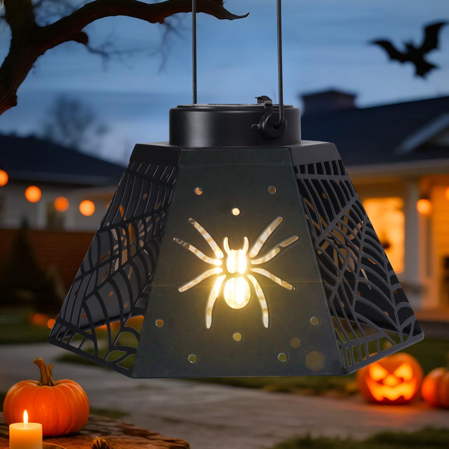 2 Pack Halloween Solar Lantern with Spider Web Design, Outdoor Hanging LED Light for Yard Patio Garden, Waterproof Metal Decorative Lamp for Halloween Decor