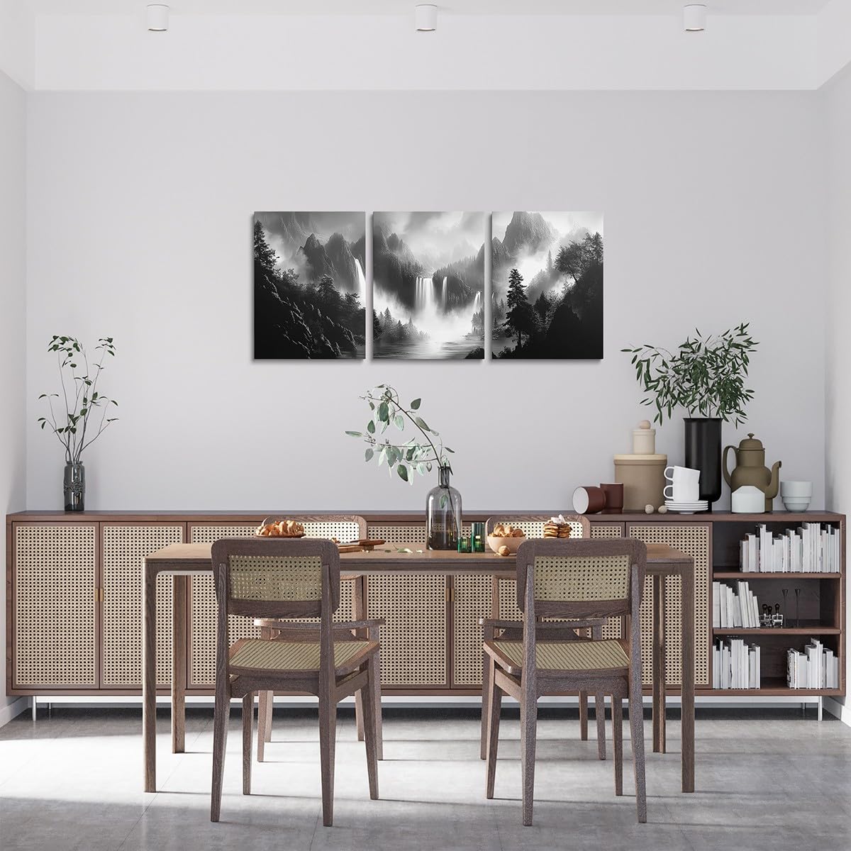jejeloiu Smoky Mountain Canvas Wall Art for Living Room Bedroom 12"x16"x3pcs Black White Picture Wall Decor for Bathroom Waterfall Tree Office Decorations Artwork Posters Nature Scene Painting