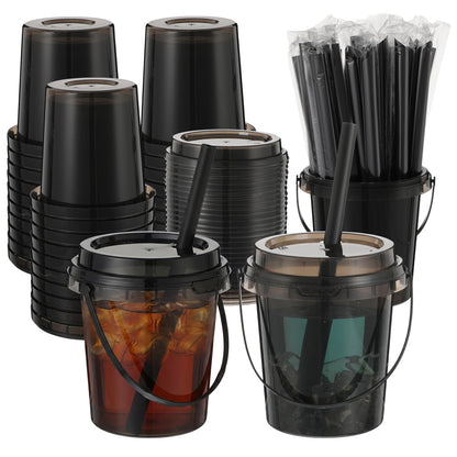 Purpeak 30 Set 24 oz Drink Buckets with Lids and Straws Disposable Clear Rum Plastic Drinking Cocktail Bucket with Handles for Beverage Coffee Lemonade Pool Picnic Party Supplies (Black)