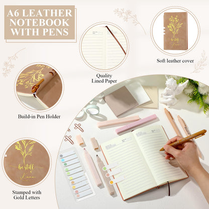 Singhoow 29 Pcs Bible Journaling Supplies Kit 16 oz Glass Cup Canvas Bag Leather Notebook Highlighters Pens Sticky Note Tapes Bible Study Supplies for Women Sunday School Teacher(Boho, Khaki)