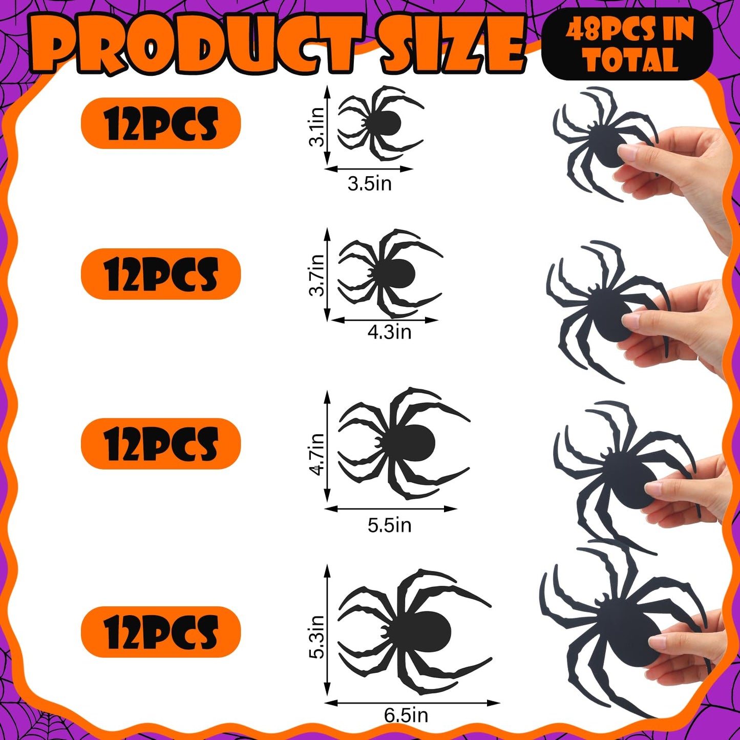 Tujoe 48 Pcs 2025 New LED Halloween 3D Lighted Spider Decorations Wall Stickers 4 Different Size Removable PVC Spider Wall Sticker for Indoor Home Hanging Window Glow Decor Party Supplies