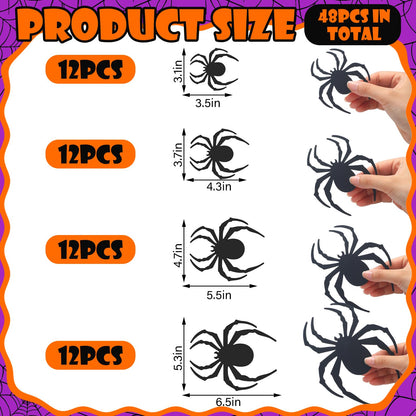 Tujoe 48 Pcs 2025 New LED Halloween 3D Lighted Spider Decorations Wall Stickers 4 Different Size Removable PVC Spider Wall Sticker for Indoor Home Hanging Window Glow Decor Party Supplies