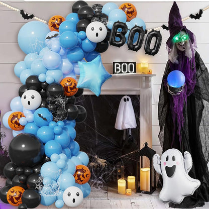 A Little Boo Is Almost Due Balloon Arch Kit, Black Blue Orange Latex Balloons with Boo and Ghost Foil Balloons, 152 Pcs for A Little Boo Is Almost Due Baby Shower Halloween Birthday Party Decorations