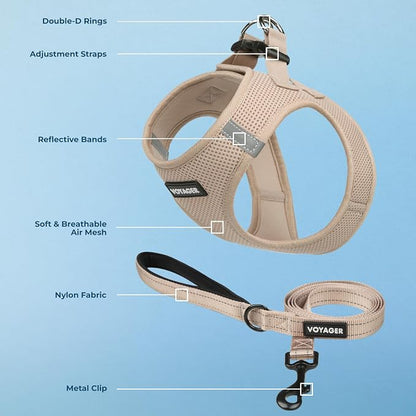 Best Pet Supplies Voyager Step-in Air All Weather Mesh Harness and Reflective Dog 5ft Leash Combo with Neoprene Handle, for Small, Medium and Large Breed Puppies - Khaki, L