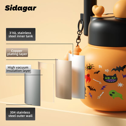 Sidagar 22 oz Tote Water Bottle with Straw and Carry Handle, Wide Mouth Vacuum Insulated Stainless Steel Tumbler, Travel Coffee Cup for Women Easy Carry, Halloween
