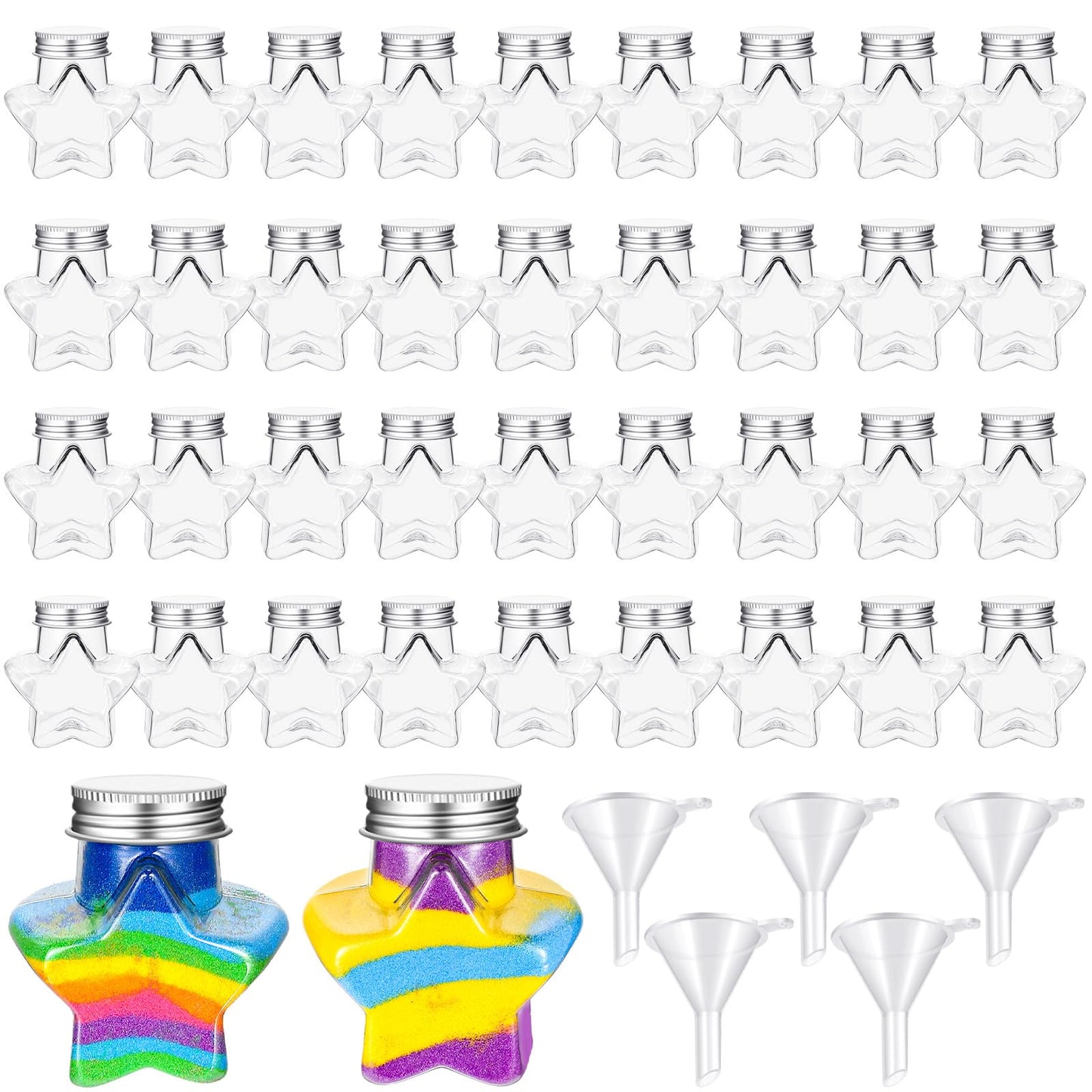 Hsei 50 Pcs Plastic Sand Art Bottles and 5 Mini Funnels Round Clear Potion Bottles Candy Jars for Liquor Birthday Decoration DIY Art Crafts Gift, Without Sand(Star)