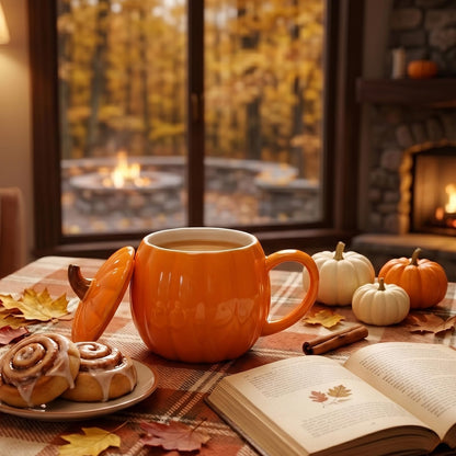1PCS Ceramic Pumpkin Mug with Lid, 14oz Orange Coffee Mug for Fall & Autumn, Cute Halloween Coffee Cup for Tea and Hot Cocoa, Microwave Safe Novelty Gift for Women, Friends, and Family (Pumpkin-1PCS)