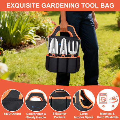 Yesker Gardening Tools 7-Piece Heavy Duty Garden Tool Set Gardening Supplies Gifts for Women Men Gardening Hand Tool Kit with Non-Slip Ergonomic Handle, Garden Bag, Pruning Shears, Black Orange
