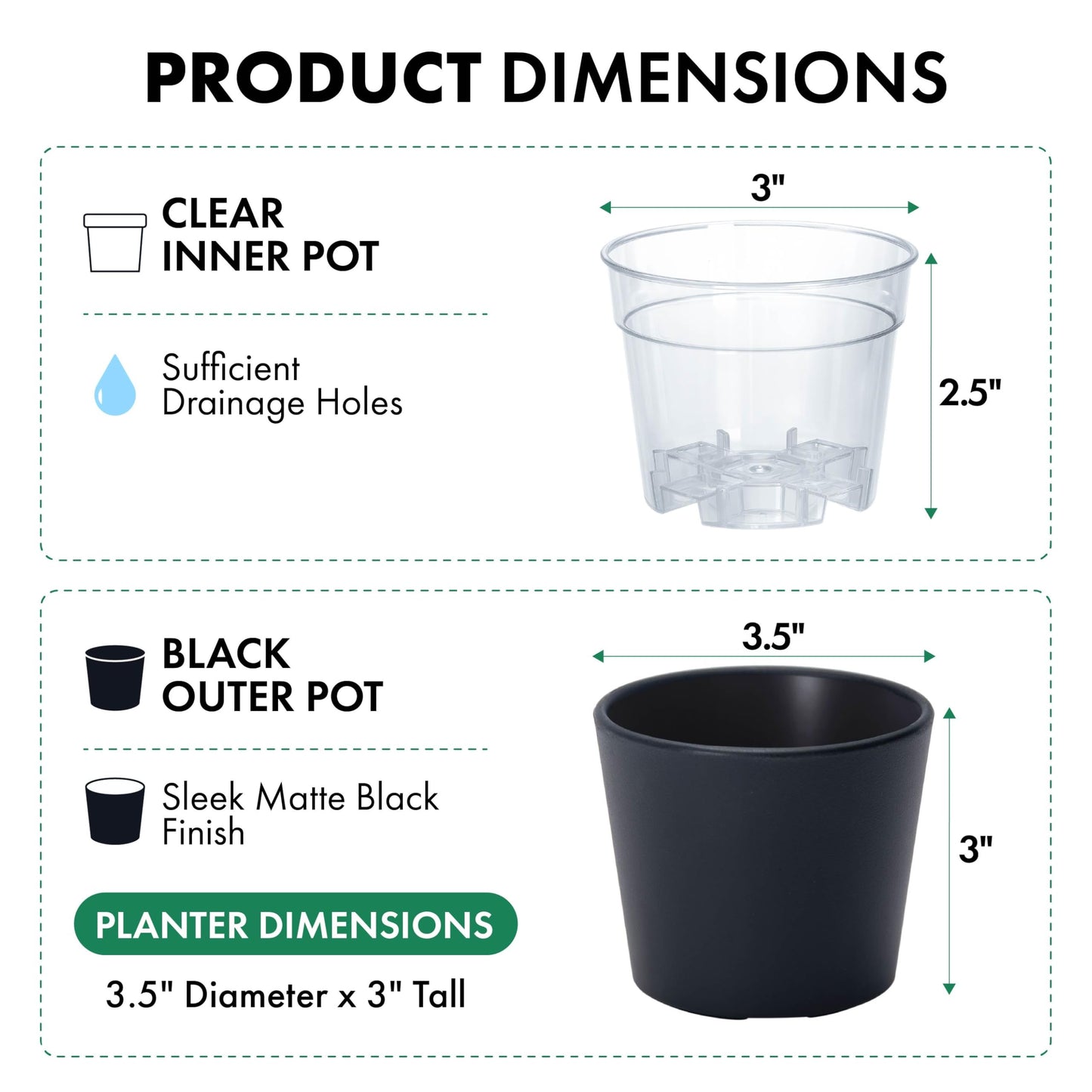 Phoenix Vine 3.5 Inch Black Plastic Cachepot with Clear Nursery Pot, Decorative Lightweight Planter Cover with Transparent Inner Pot for Indoor Houseplants, Pack of 6, 24-A-E-6