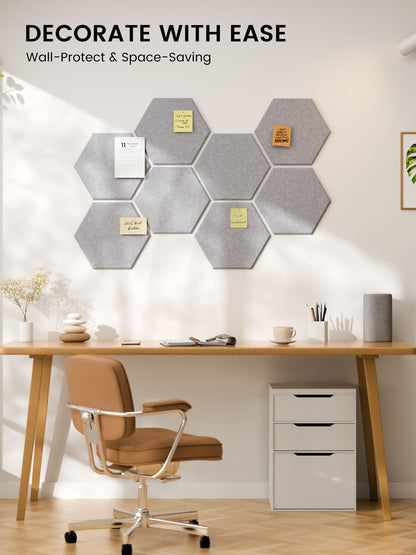 Fluxynara Hexagon Cork Board Alternative for Walls Decor-8-Pack Felt Bulletin Board Tiles,with 30 Pushpins,50 Adhesive Tabs for Office,Classrooms & Home Pin Board Felt Board-Soft Gray