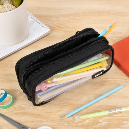 ZIPIT Half & Half Pencil Case, 3 Compartment Zipper Pouch for School, Stationery Bag for Teen Girls Boys and Adults, Black