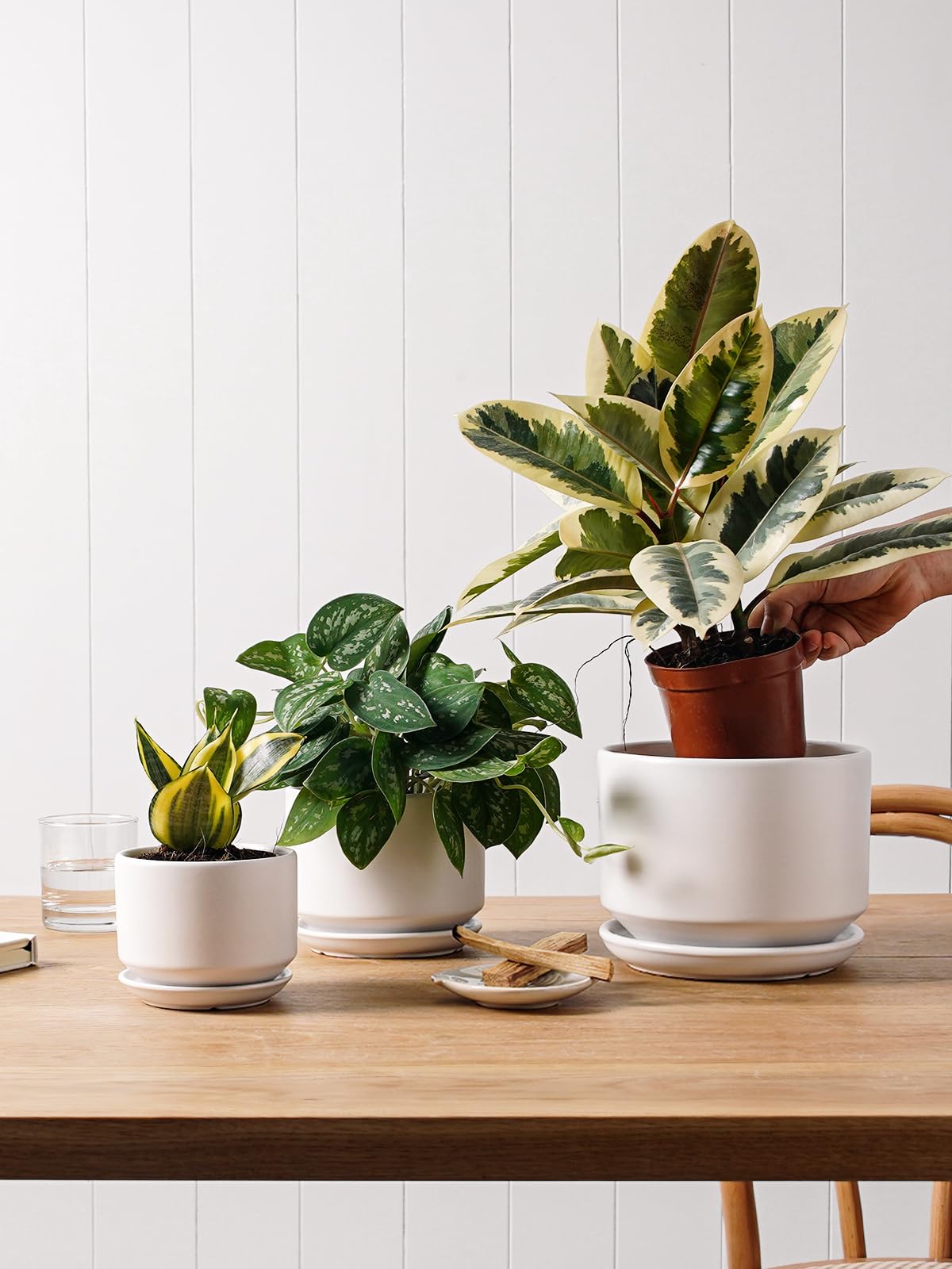 LE TAUCI Ceramic Pots for Plants, 4.3+5.3+6.8 Inch Plant Pots, Set of 3, Planters with Drainage Hole and Saucer, Indoor Flower Pot with Hole Mesh Pad, Gifts for Mom, White