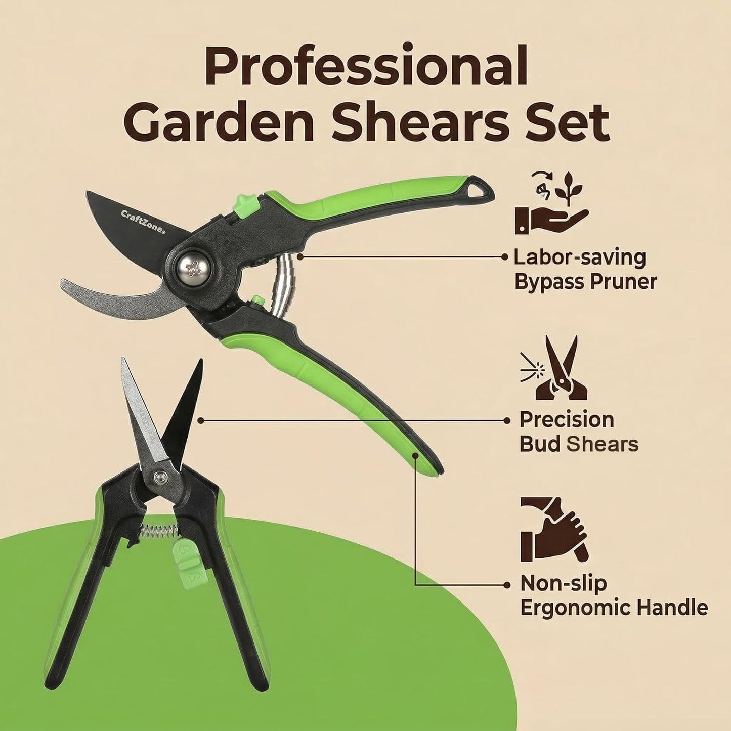 CRAFTZONE Garden Pruning Shears 2 Pack 8" Bypass Plant Shears & 6.25" Advanced Garden Scissors Garden Hand Tools for Trimming Flowers Cutting Plants Gathering Fruit