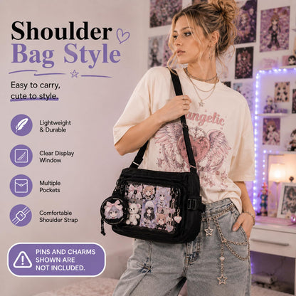Inshere Ita Crossbody Bag, Nylon Messenger Bag with Clear Display Window and Detachable Pin Display Bag, Kawaii Shoulder Purse with Multiple Pockets, Black