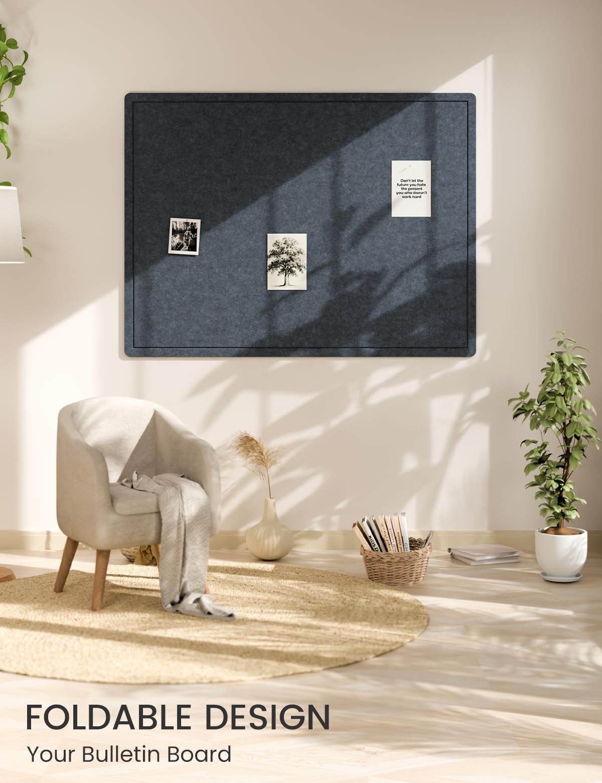Fluxynara Large Bulletin Board, 47.2" x 35.4" Cork Board Alternative with 24 Safe Removable Adhesive Tabs, Foldable Felt Pin Board for Home Office, Classroom, Bedroom,Entryway for Walls—Navy Blue