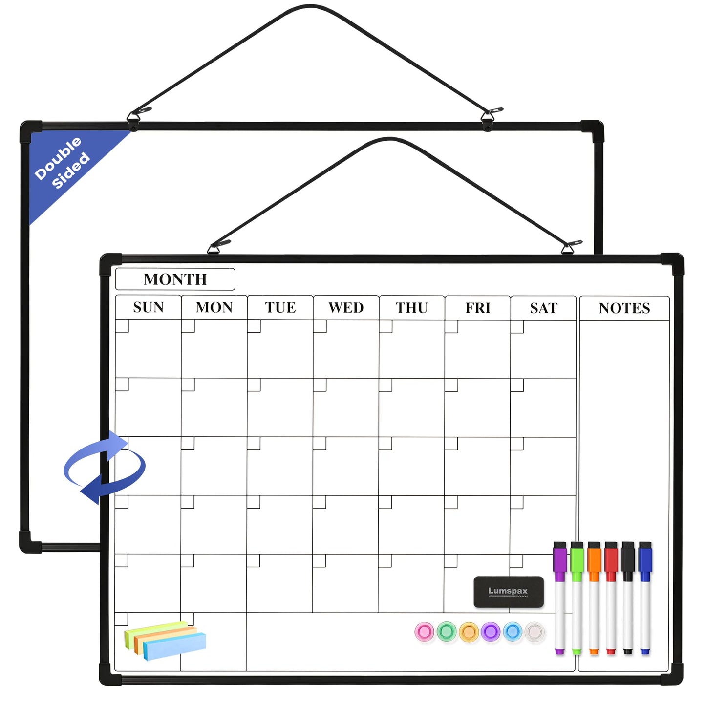Lumspax Monthly Whiteboard Calendar for Wall, 24" x 18" Dry Erase Board with Plastic Frame, Hanging Dry Erase Calendar with 3 Mini Sticky Notes for Kitchen Planner, Memo, Home and Office, Black
