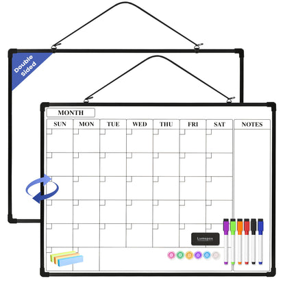 Lumspax Monthly Whiteboard Calendar for Wall, 24" x 18" Dry Erase Board with Plastic Frame, Hanging Dry Erase Calendar with 3 Mini Sticky Notes for Kitchen Planner, Memo, Home and Office, Black