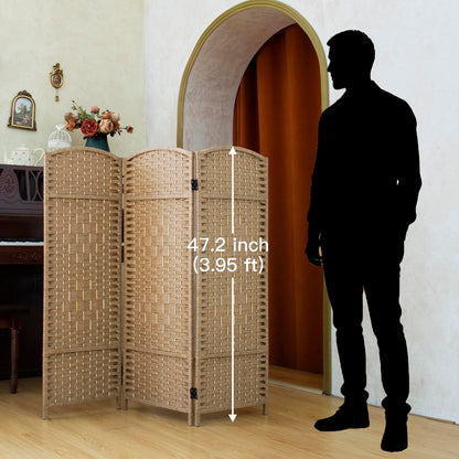 Pawlabay Compact 3 Panel Short Room Divider, 47.2 Inch Tall Double-Sided Rattan Folding Privacy Screen for Home & Office,Light Brown