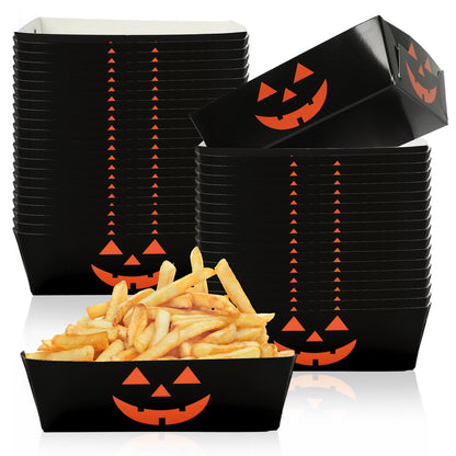 Whaline 50Pcs Halloween Paper Food Trays Grimace Pumpkin Paper Food Boats Orange Black Food Holder Disposable Serving Trays for Party Supplies