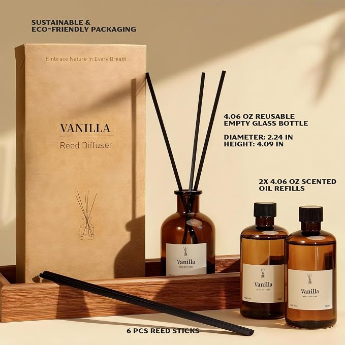 Reed Diffuser Set, 8.12 fl.oz Vanilla Oil Diffuser with 10 Sticks, Home Fragrance Reed Diffuser for Bathroom Shelf Decor & Air Fresheners, Up to 120 Days, 2 Pack
