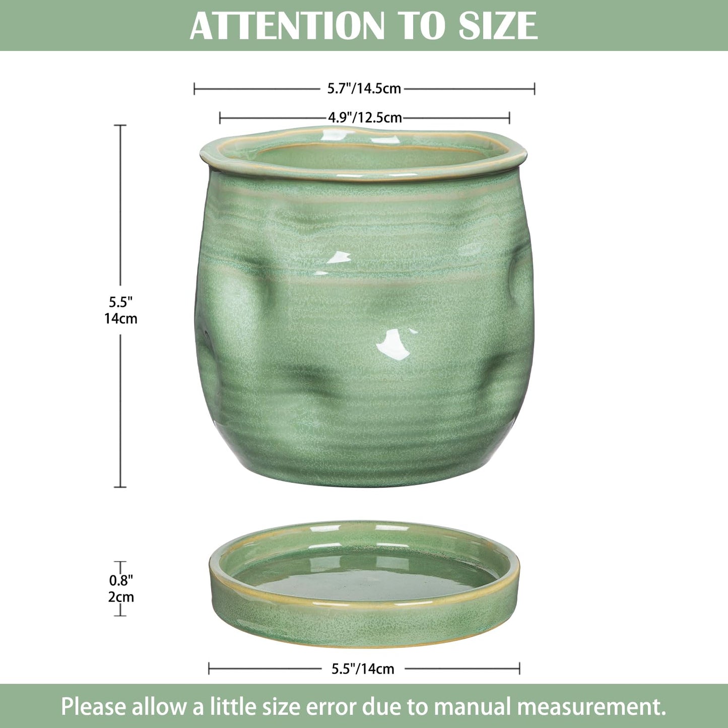 5.7 inch Ceramic Pots for Plants, Plant Pot with Drainage Hole and Saucer Sage Green Ceramic Indoor Planter with Tray Decorative Flower Pots for Succulent, Cactus, Snake Plant, Herb Indoor Outdoor