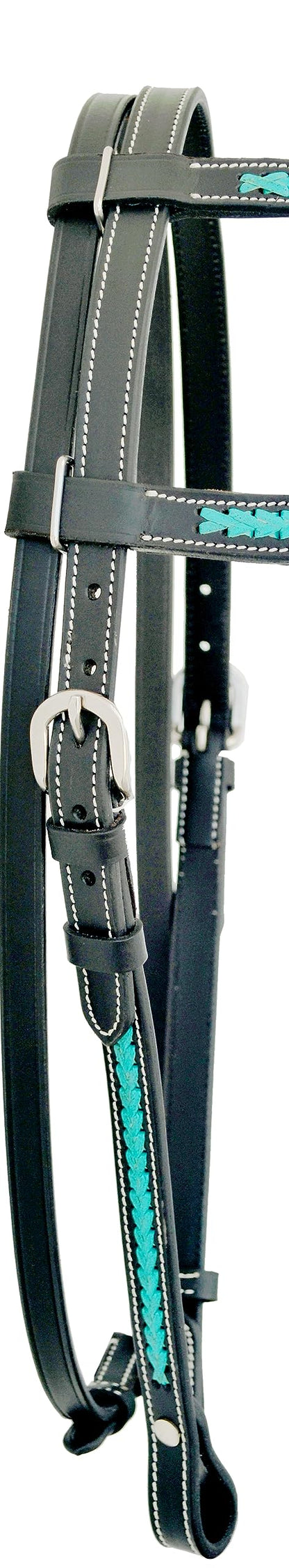Western Horse Headstall Standard Size – Adjustable Hand Braided Genuine Leather Bridle with Turquoise Rawhide Leather Weaving on Straight Brow Band Western Riding Tack, Black Color Leather (Full Size)