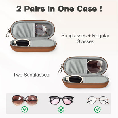 Huvon Double Eyeglasses Case, Dual Glasses Sunglasses Organizer with Zipper Closure, Eyewear Storage Box for Men Women Travel (Brown)