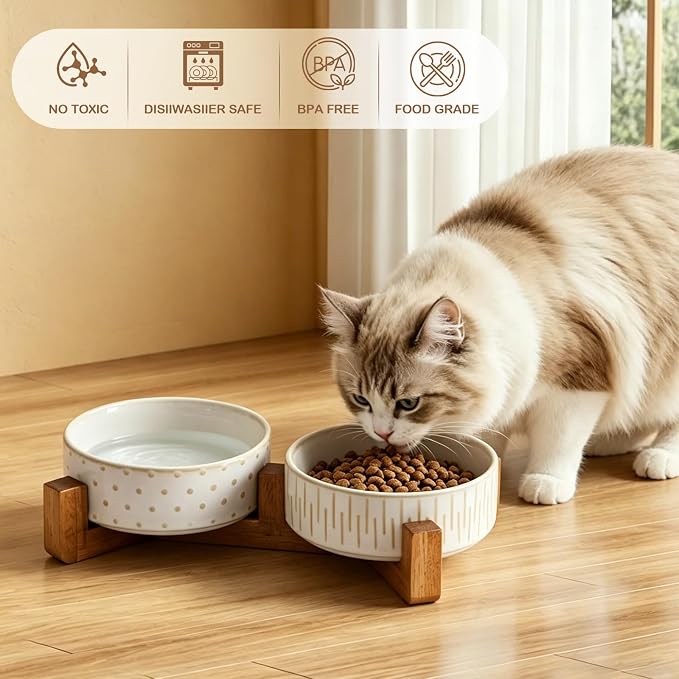 Ceramic Dog Bowl Set with Acacia Wood Stand, 1.5–2 Cups Food & 15oz Water Ceramic Pet Bowls, Lead-Free, Smooth Glaze with Non-Slip Base for Cats and Small Dogs