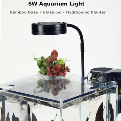 2.5 Gallon Nano Aquarium Kit with Bamboo-Base LED Light, Hanging Filter & Hydroponic-Ready Lid – Ideal for Betta, Shrimp, or Aquatic Plants