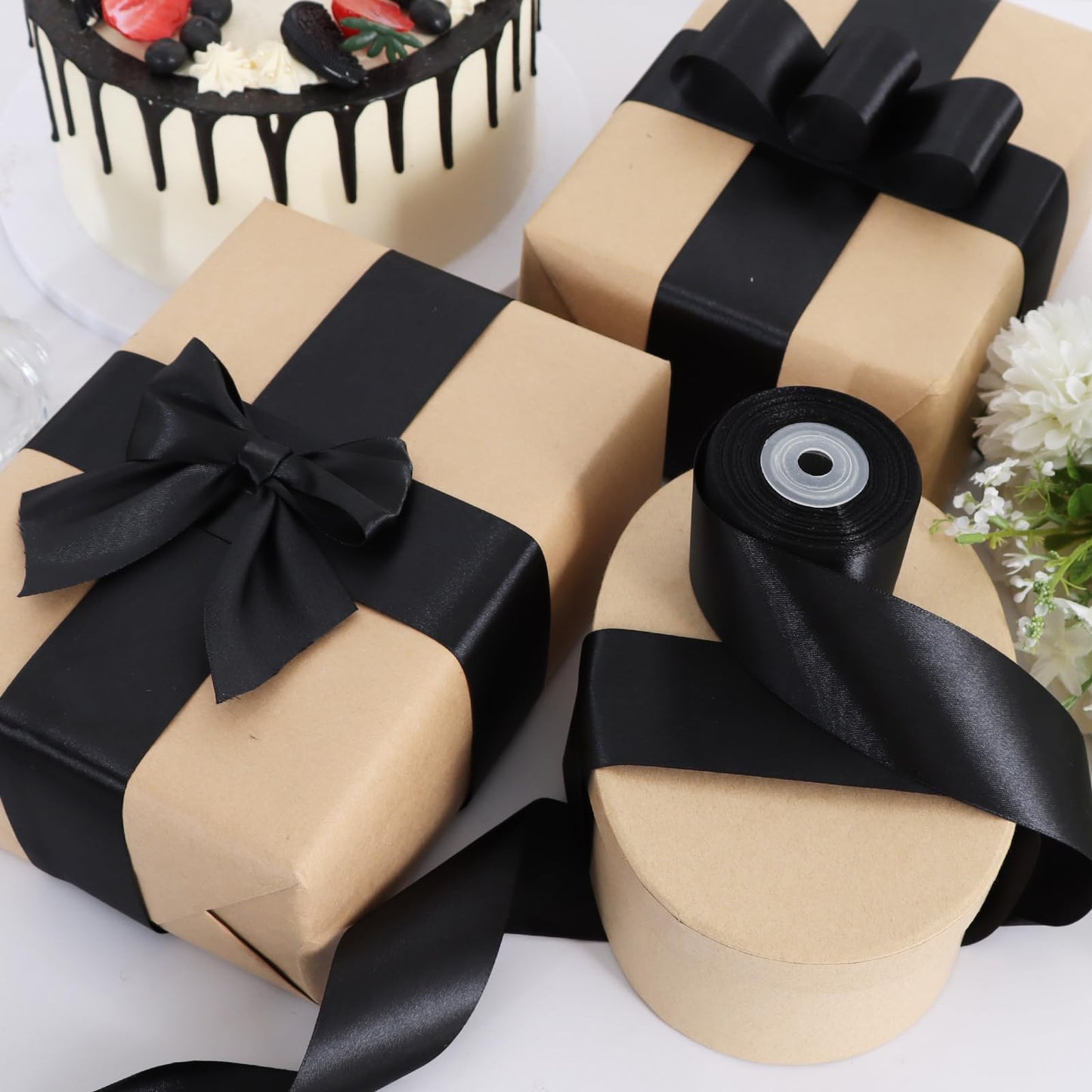 TONIFUL 1-1/2 Inch (40mm) x 100 Yards Black Wide Satin Ribbon Solid Fabric Ribbon for Gift Wrapping Chair Sash Valentine's Day Wedding Birthday Party Decoration Halloween Craft Sewing