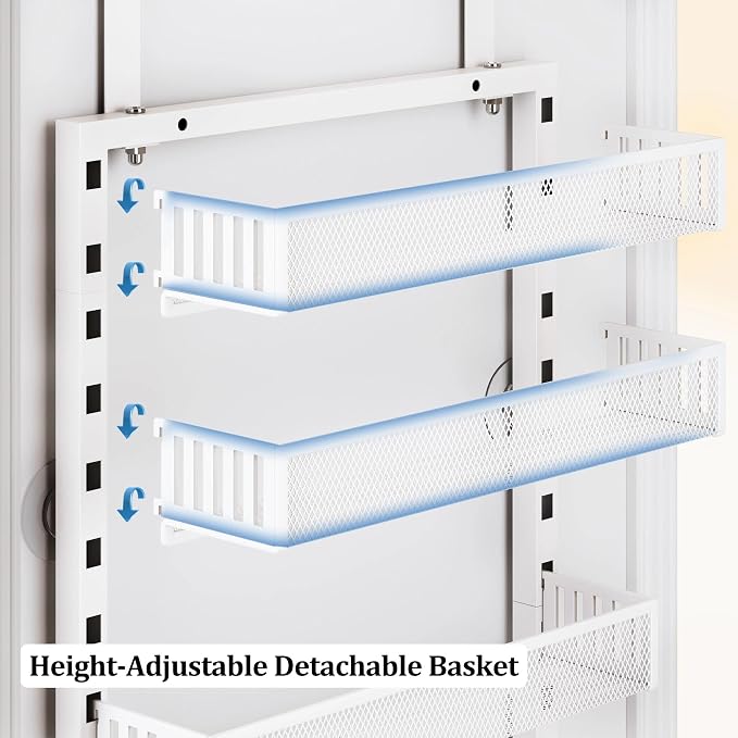 Over the Door Pantry Organizer, 8-Tier Over the Door Spice Rack with Adjustable Baskets, Wall-Mounted or Hanging Shelves for Kitchen, Laundry Room, Bathroom(White, 19.3"W x 5.2"D x 72.6"H)